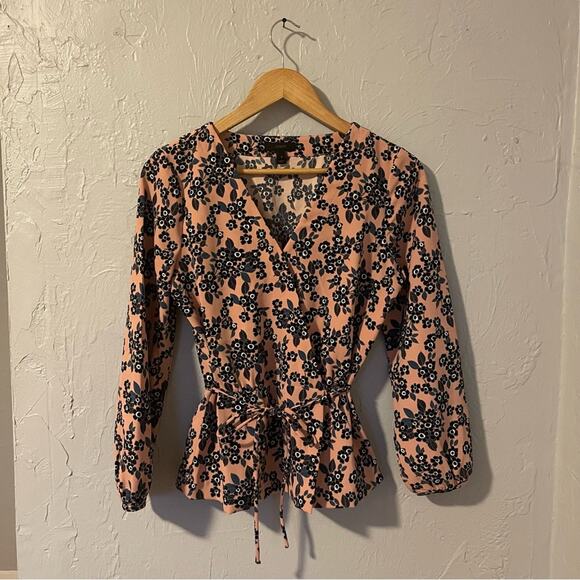 J. Crew Pink and Black Floral Wrap Blouse career workwear size 4 - Picture 1 of 5